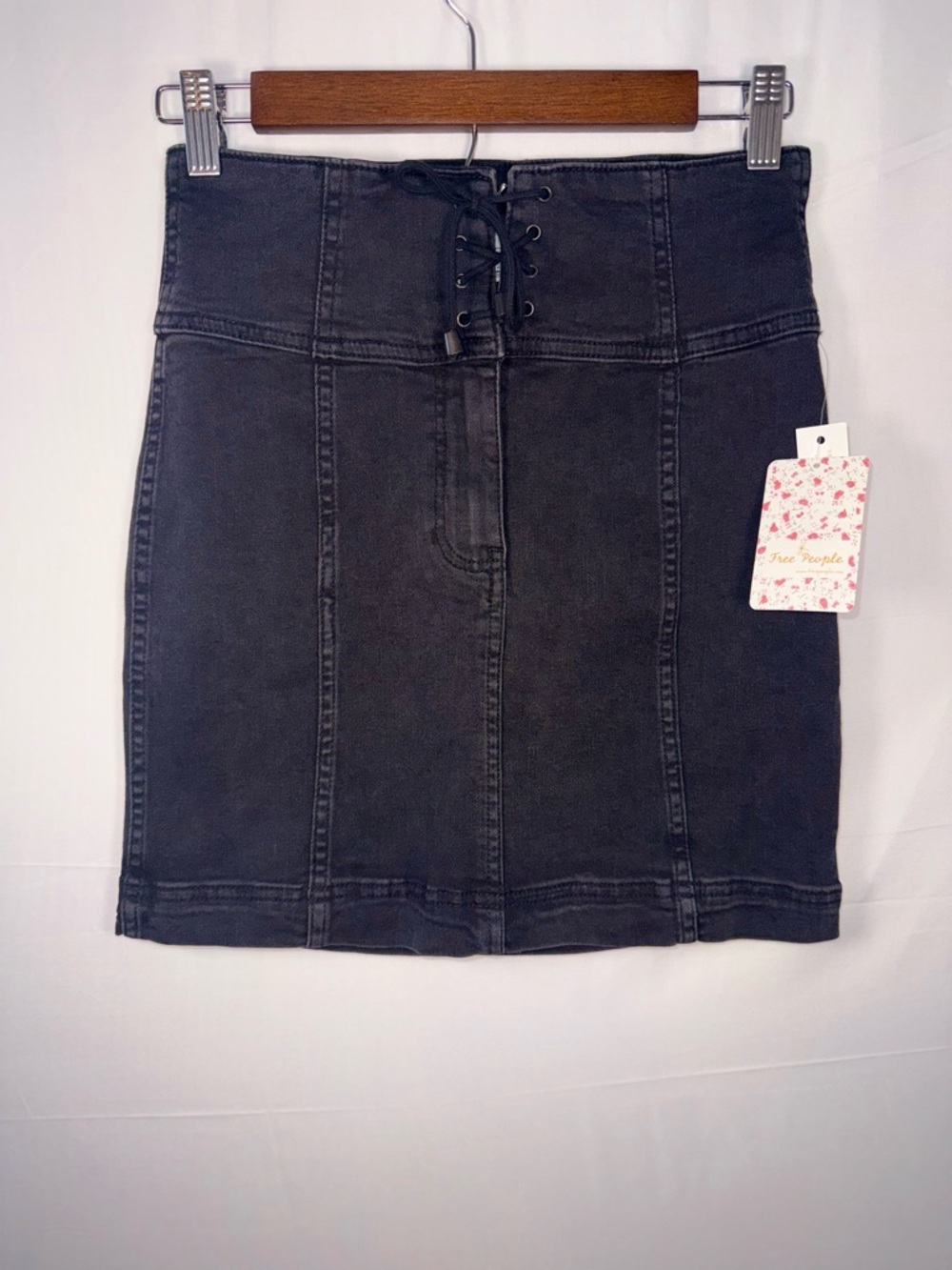 Free People NWT Women Dark Grey Lace-Up High-Waist Denim Mini Skirt Size 4